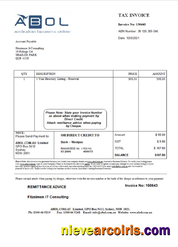 Australia ABOL marketing consultancy company invoice